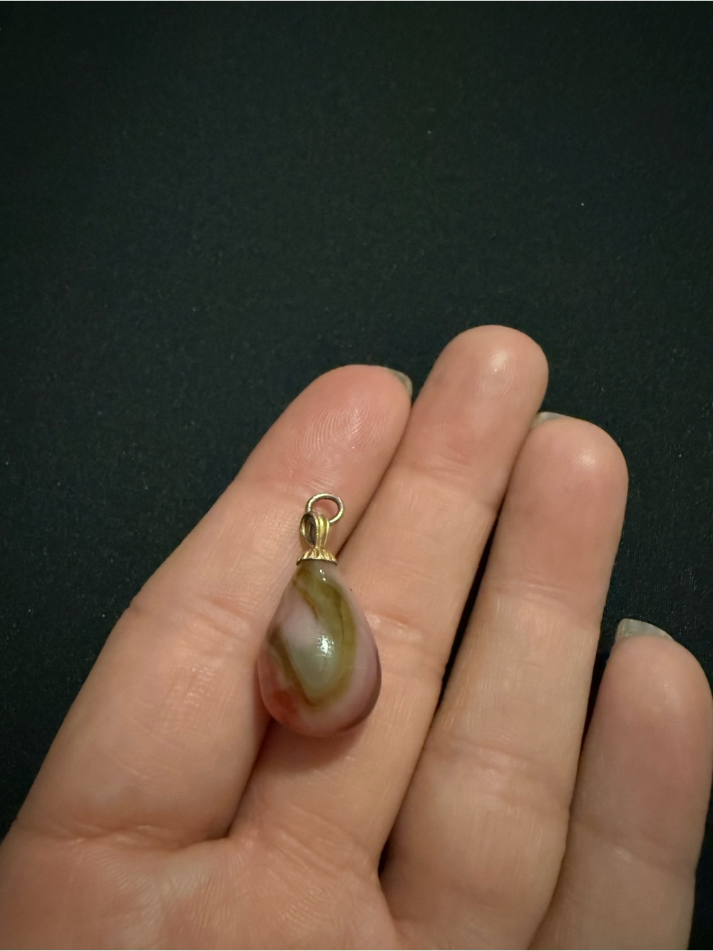 Source Unknown Teardrop Pendant in Olive Green and Brown with Gold Bail